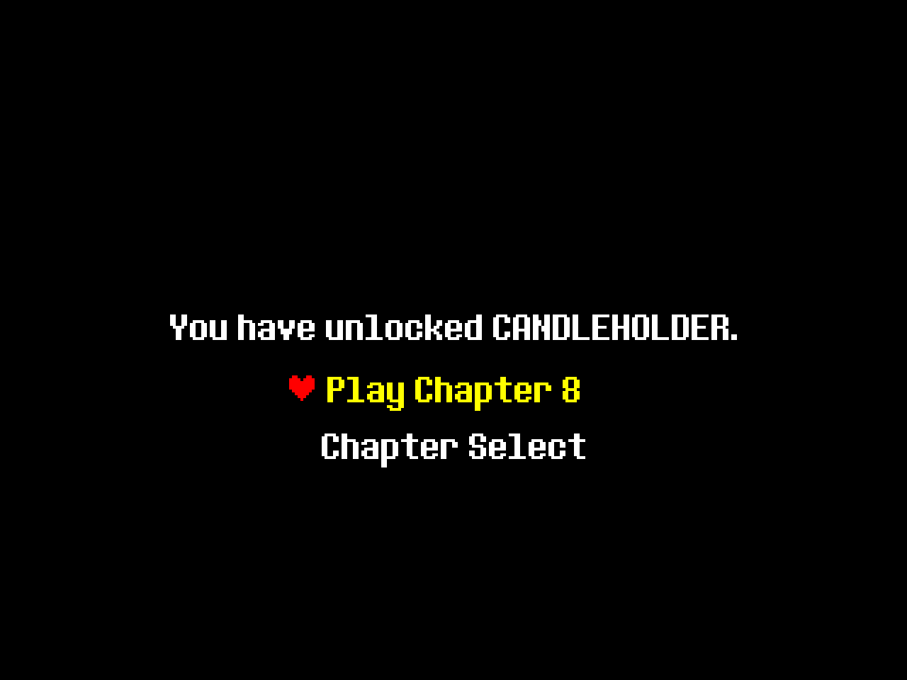 A chapter continue screen, telling you you've unlocked CANDLEHOLDER. There are two options: one that says 'Play Chapter 8', and the other: 'Chapter Select'.
