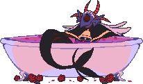 Hellsiren relaxing in a bathtub full of rose petals. Decorative roses are also on the floor.