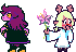 Noelle giving a lily to Susie. Both are blushing.